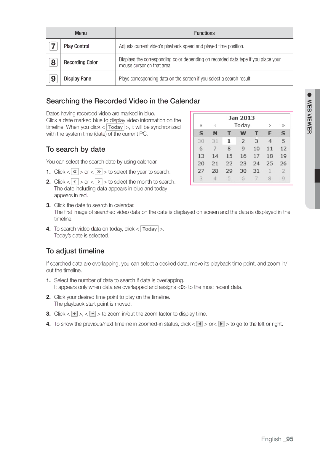 Samsung SDHP4080 user manual Searching the Recorded Video in the Calendar, To search by date, To adjust timeline 