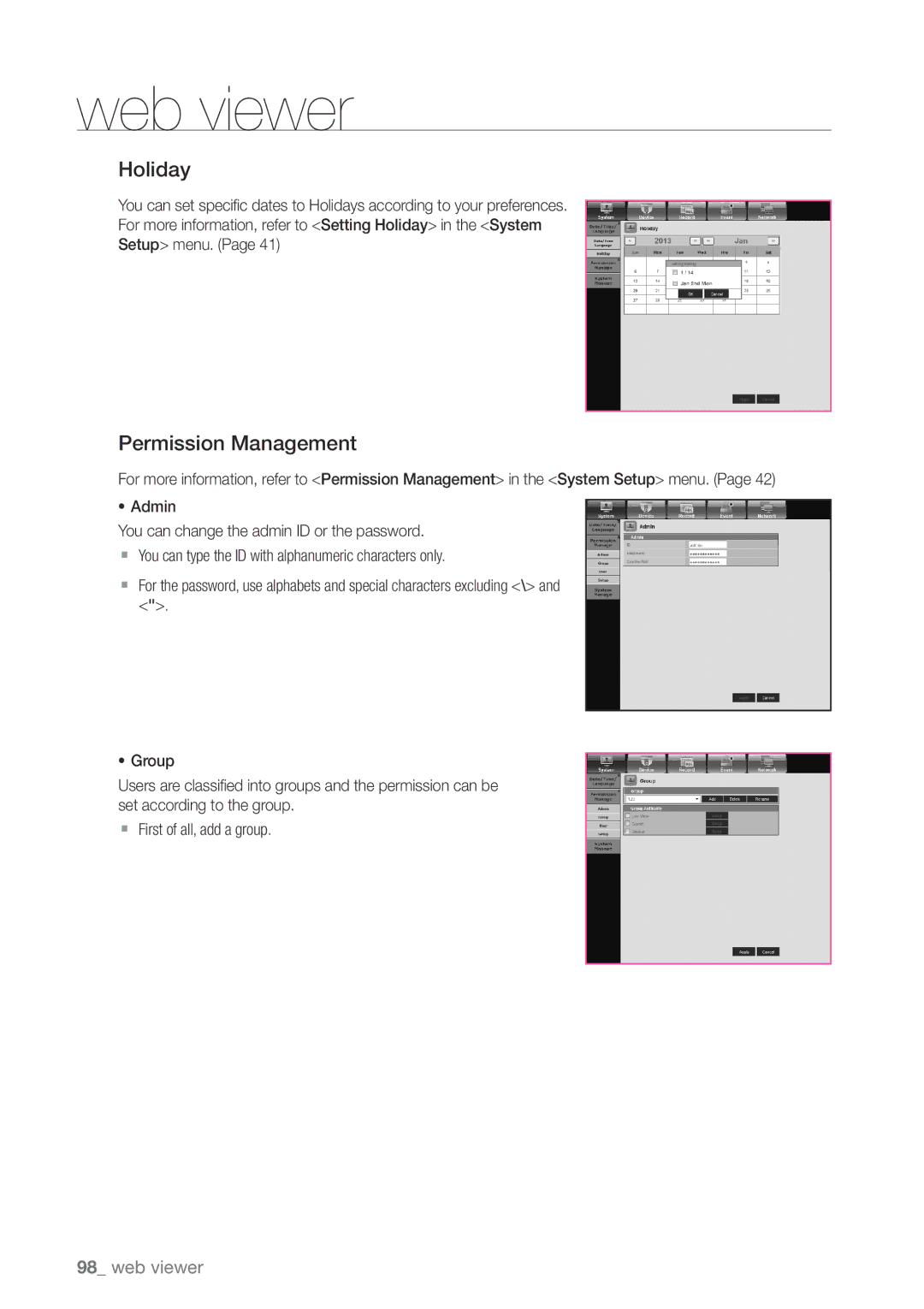 Samsung SDHP4080 user manual Holiday, Permission Management 