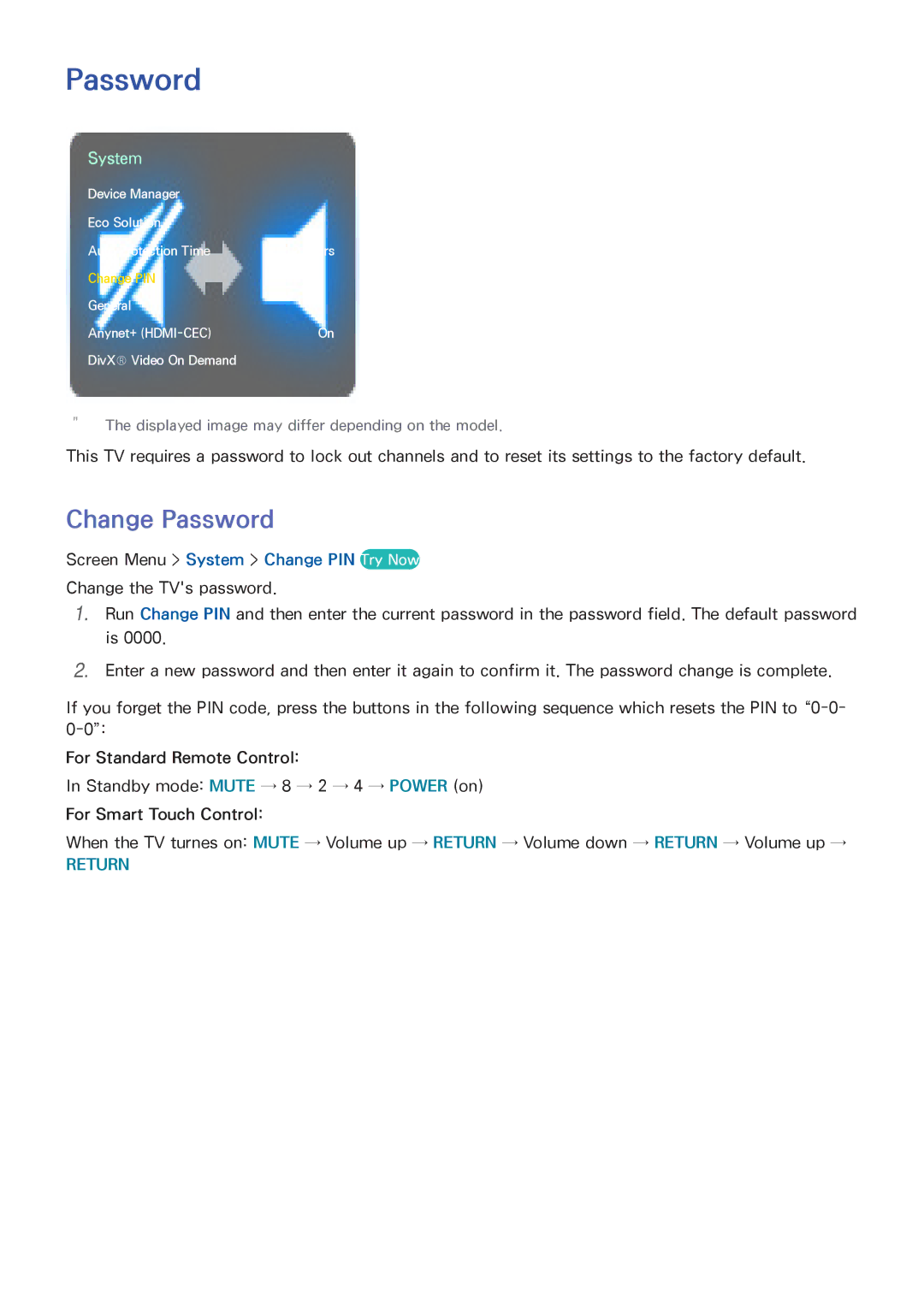 Samsung UN65F6400, SDHP5080, UN75F7100AFXZA, UN75F6400AF manual Change Password, Screen Menu System Change PIN Try Now 