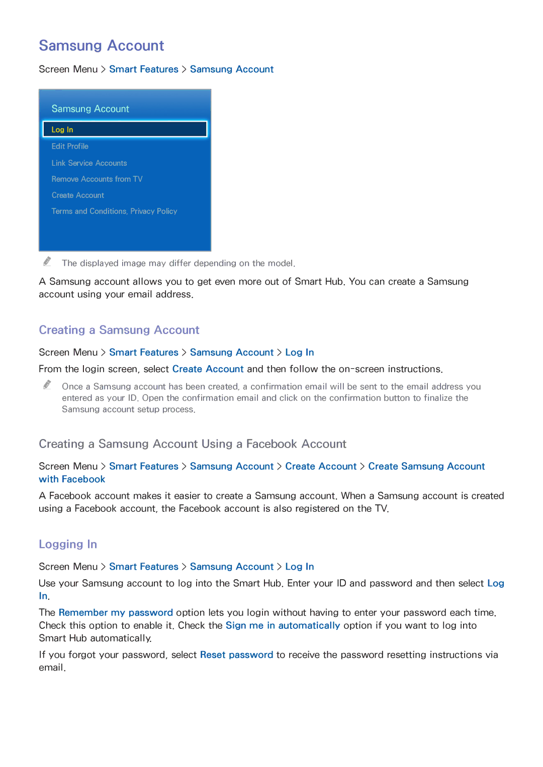 Samsung UN55F7100AF, SDHP5080 manual Creating a Samsung Account, Logging, Screen Menu Smart Features Samsung Account 