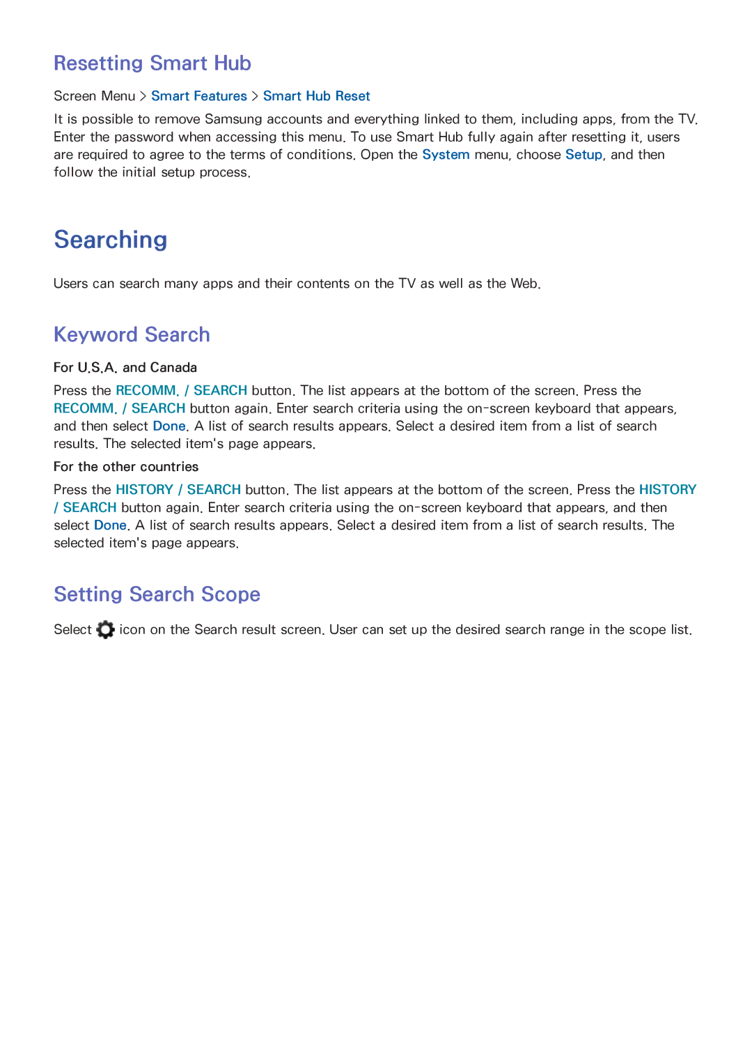Samsung UN55F6300AF, SDHP5080, UN75F7100AFXZA manual Searching, Resetting Smart Hub, Keyword Search, Setting Search Scope 