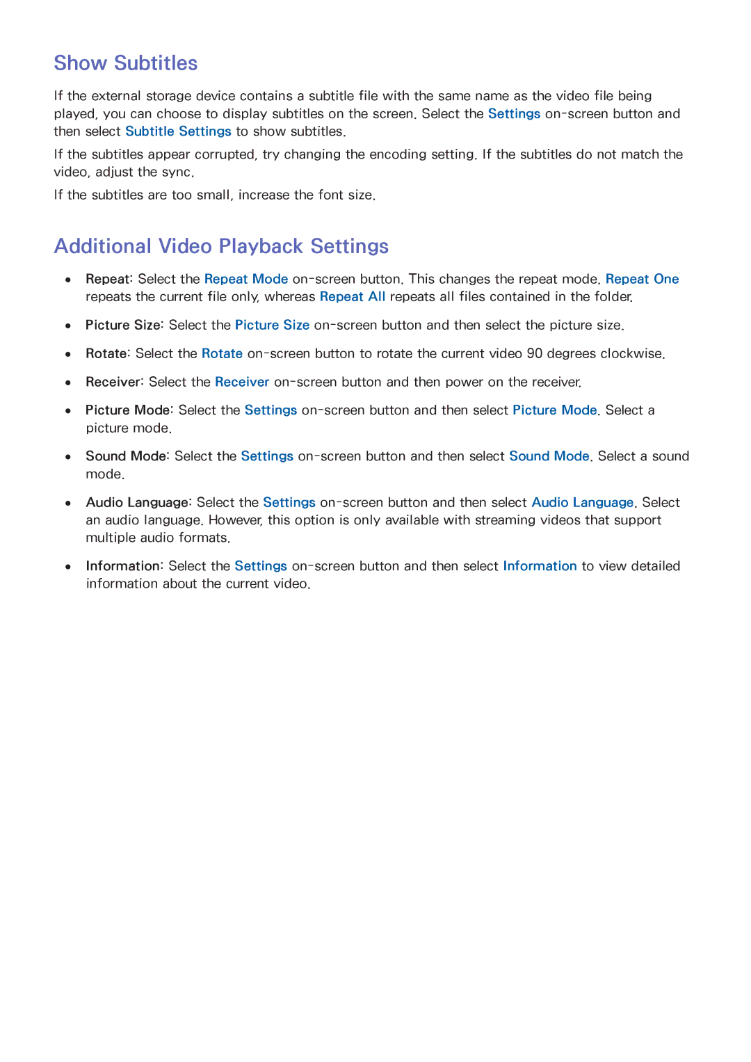 Samsung UN32F5500, SDHP5080, UN75F7100AFXZA, UN75F6400AF, UN75F6300 manual Show Subtitles, Additional Video Playback Settings 