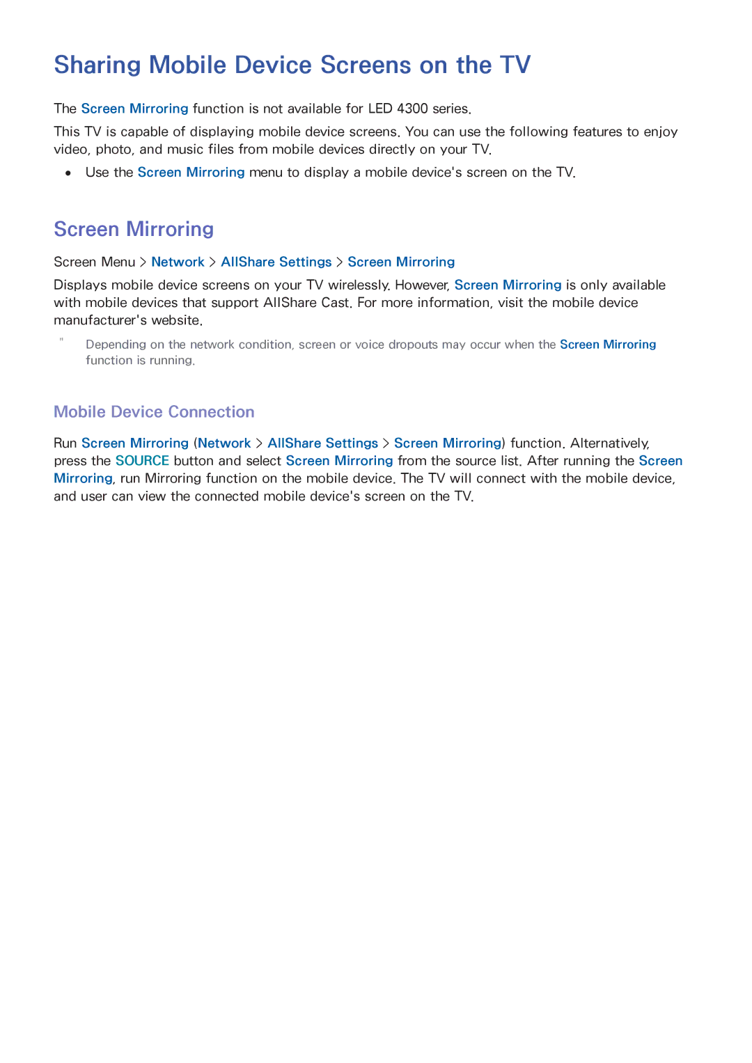 Samsung UN65F7050A, SDHP5080, UN75F6300 Sharing Mobile Device Screens on the TV, Screen Mirroring, Mobile Device Connection 