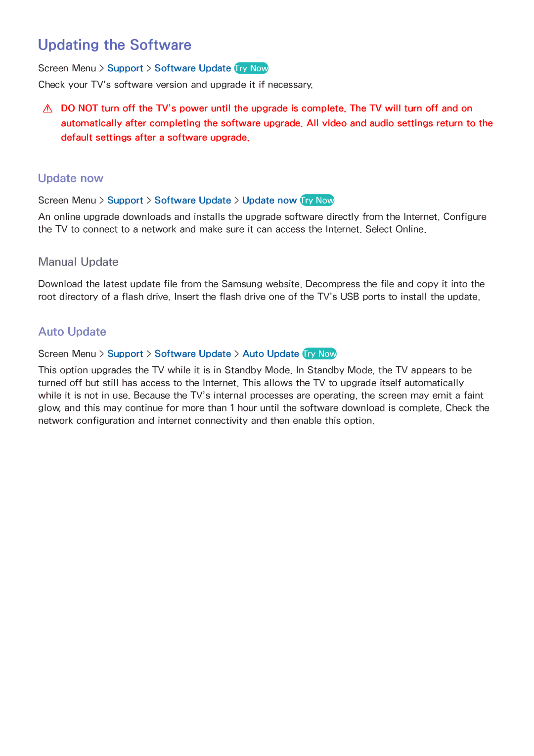 Samsung UN60F7100AF, SDHP5080, UN75F7100AFXZA, UN75F6400AF, UN75F6300 manual Updating the Software, Update now, Auto Update 