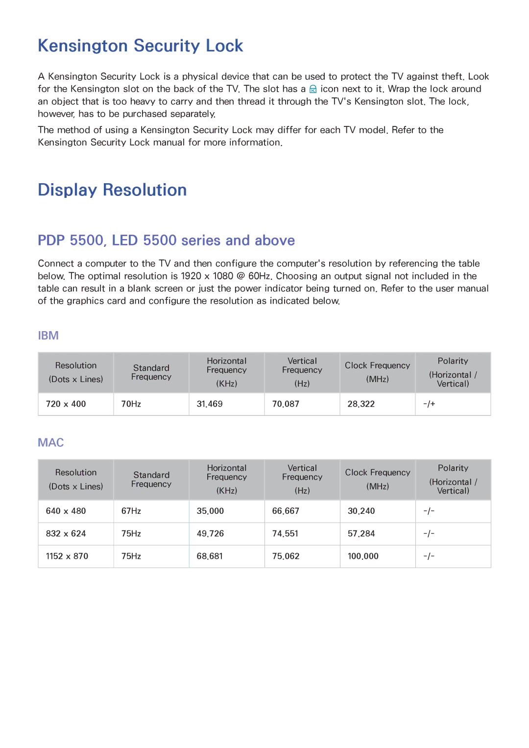 Samsung UN65F6400AF, SDHP5080, UN75F6300 Kensington Security Lock, Display Resolution, PDP 5500, LED 5500 series and above 