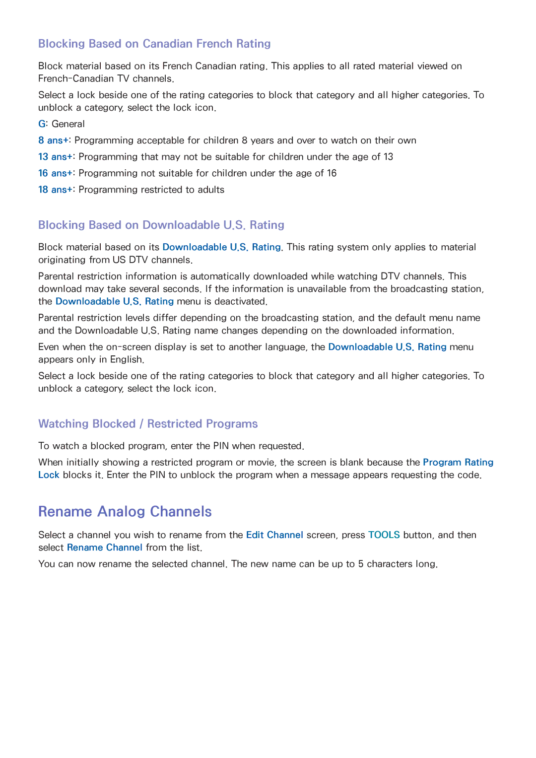 Samsung UN50F6300AF, SDHP5080, UN75F7100AFXZA, UN75F6400AF Rename Analog Channels, Blocking Based on Canadian French Rating 