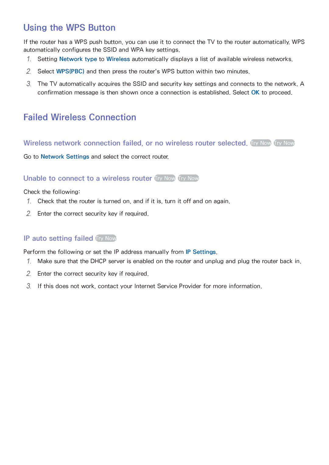 Samsung UN40F6300 Using the WPS Button, Failed Wireless Connection, Unable to connect to a wireless router Try Now Try Now 