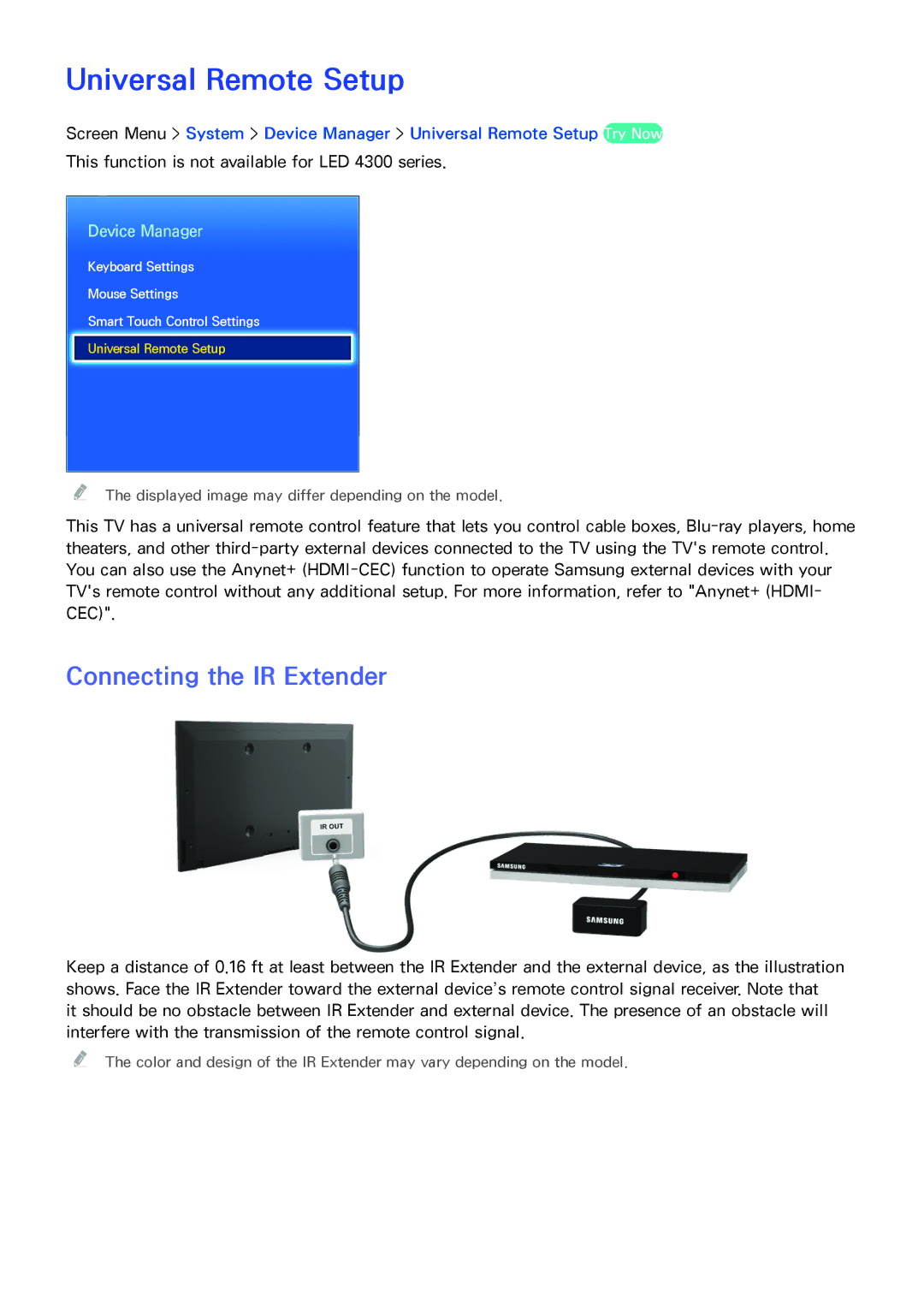 Samsung UN65F7050A, SDHP5080, UN75F7100AFXZA, UN75F6400AF Universal Remote Setup, Connecting the IR Extender, Device Manager 