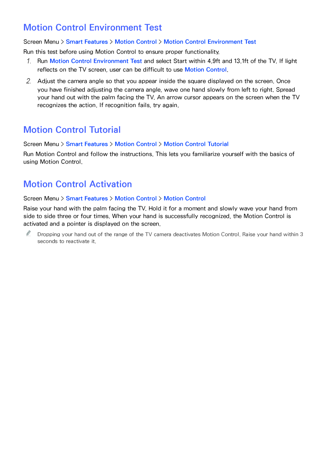 Samsung UN60F6300AF, SDHP5080 manual Motion Control Environment Test, Motion Control Tutorial, Motion Control Activation 