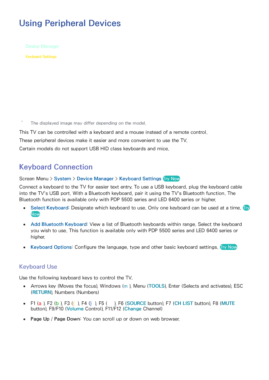 Samsung UN50F6400, SDHP5080, UN75F7100AFXZA, UN75F6400AF manual Using Peripheral Devices, Keyboard Connection, Keyboard Use 