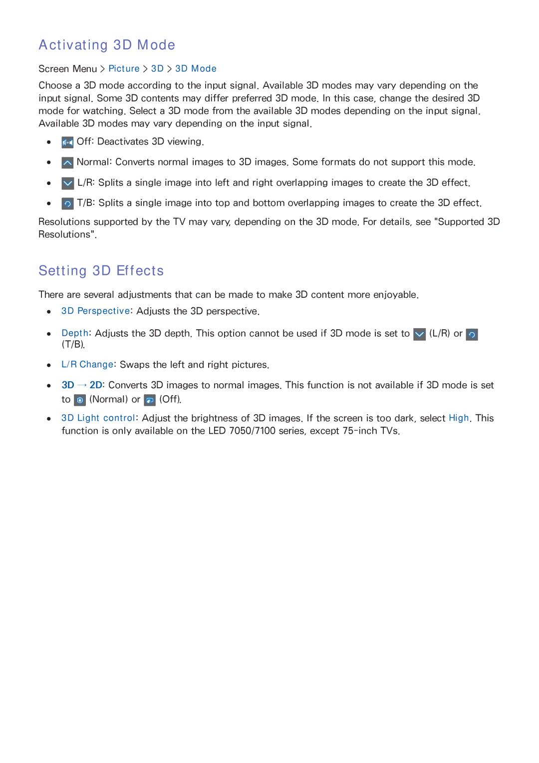 Samsung UN46F5500AF, SDHP5080, UN75F7100AFXZA, UN75F6400AF, UN75F6300AFXZA manual Activating 3D Mode, Setting 3D Effects 