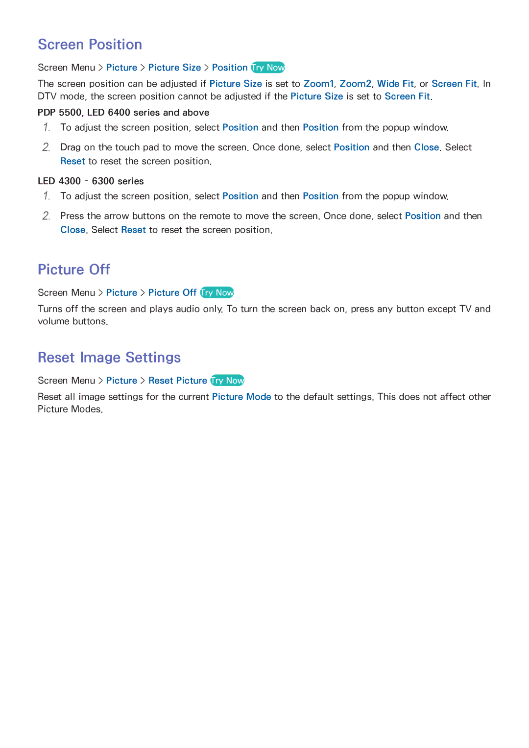 Samsung UN32F5500, SDHP5080, UN75F7100AFXZA, UN75F6400AF, UN75F6300 manual Screen Position, Picture Off, Reset Image Settings 