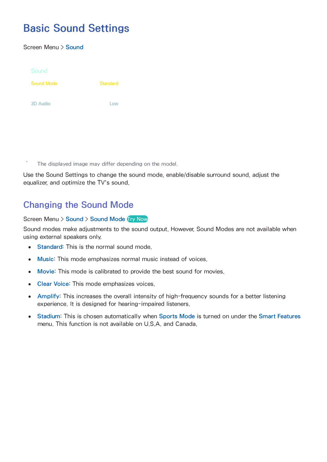 Samsung UN75F6300, SDHP5080, UN65F7050A Basic Sound Settings, Changing the Sound Mode, Screen Menu Sound Sound Mode Try Now 