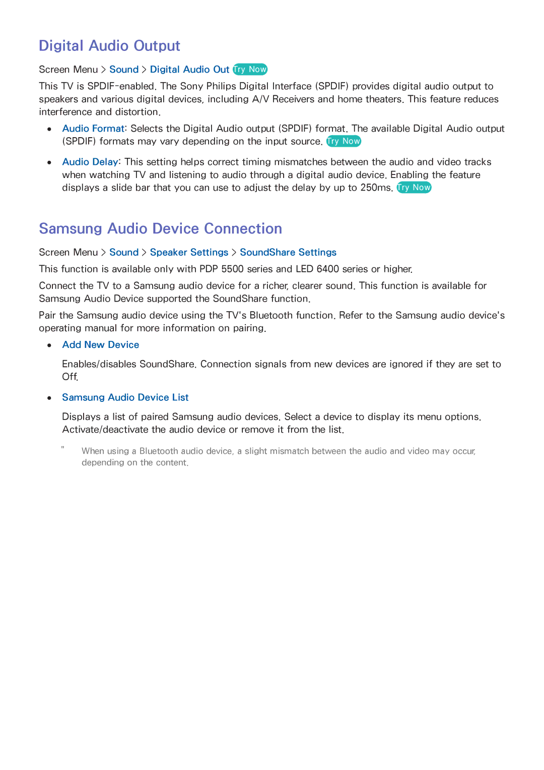 Samsung UN60F7100, SDHP5080, UN75F7100AFXZA, UN75F6400AF, UN75F6300 Digital Audio Output, Samsung Audio Device Connection 