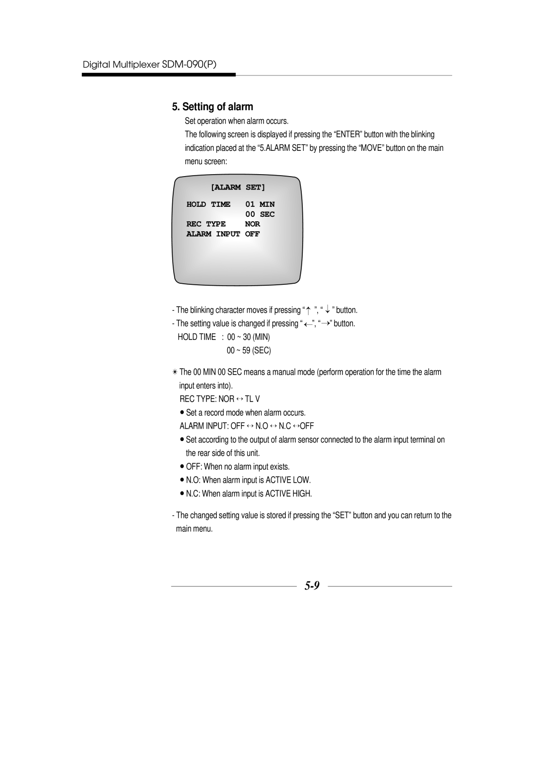 Samsung SDM-090MP, SDM-090P manual Setting of alarm, Alarm SET Hold Time, REC Type NOR Alarm Input OFF, REC Type NOR ↔ TL 