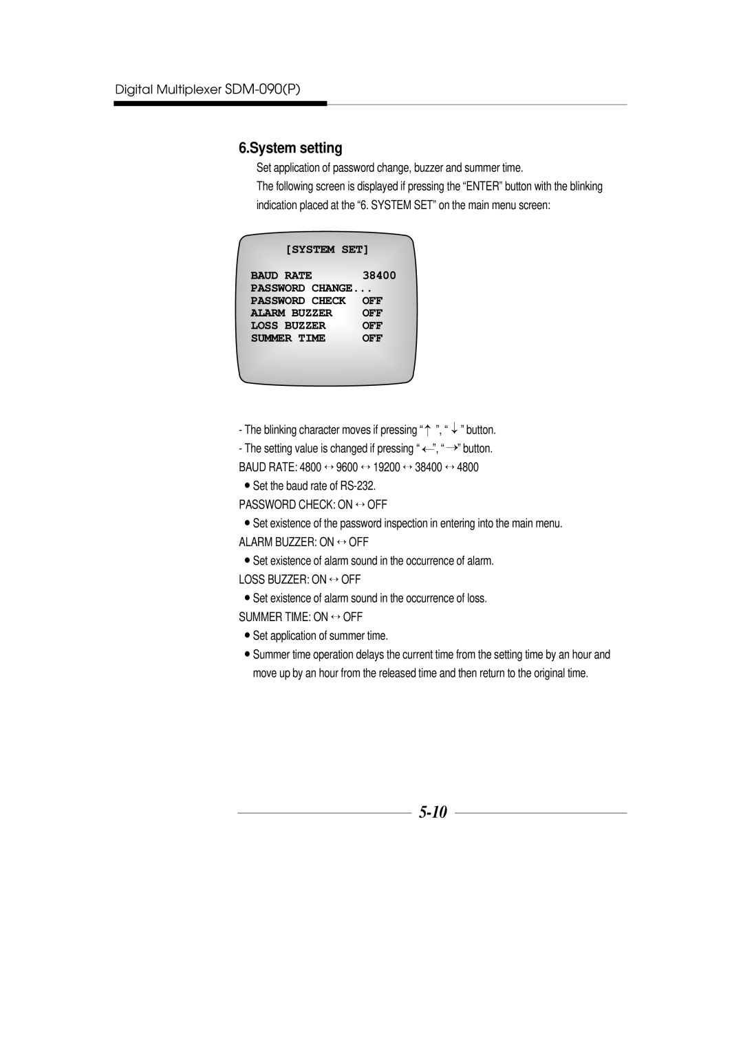 Samsung SDM-090P manual System setting, System SET Baud Rate, Password Change, Alarm Buzzer OFF Loss Buzzer Summer Time 