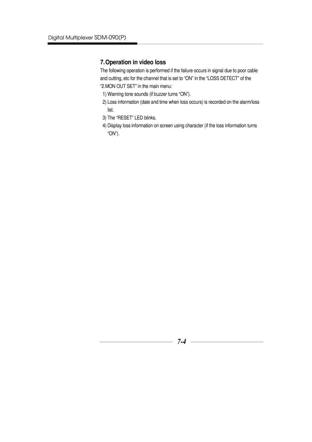 Samsung SDM-090MP, SDM-090P manual Operation in video loss 