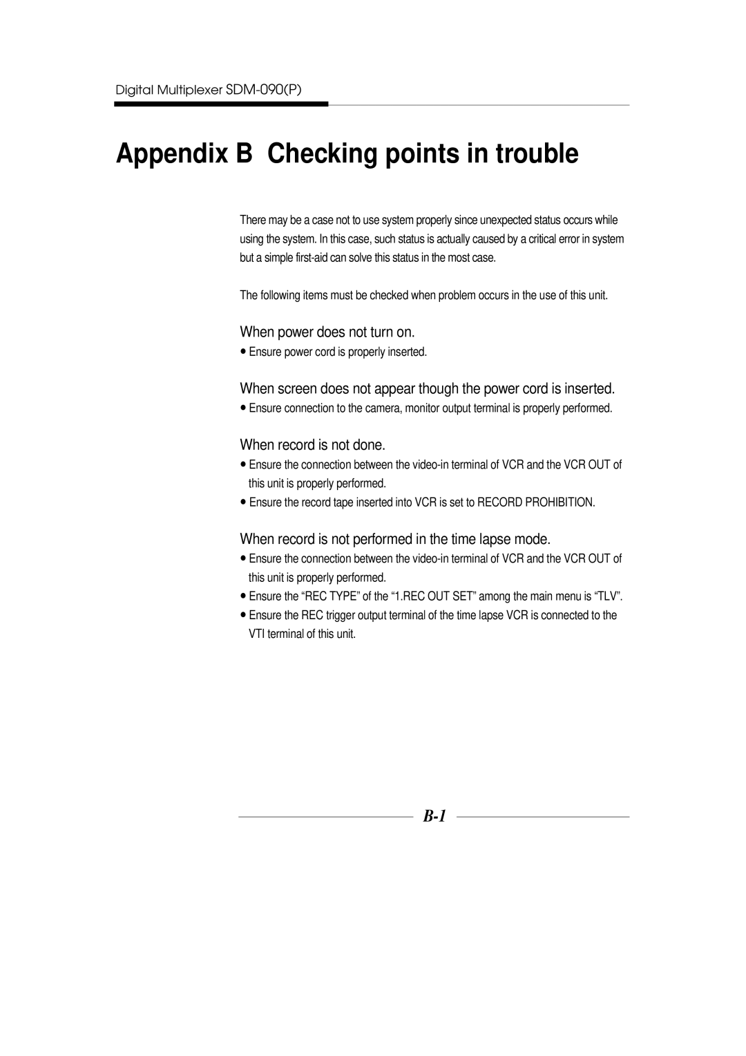 Samsung SDM-090MP, SDM-090P manual Appendix B Checking points in trouble 