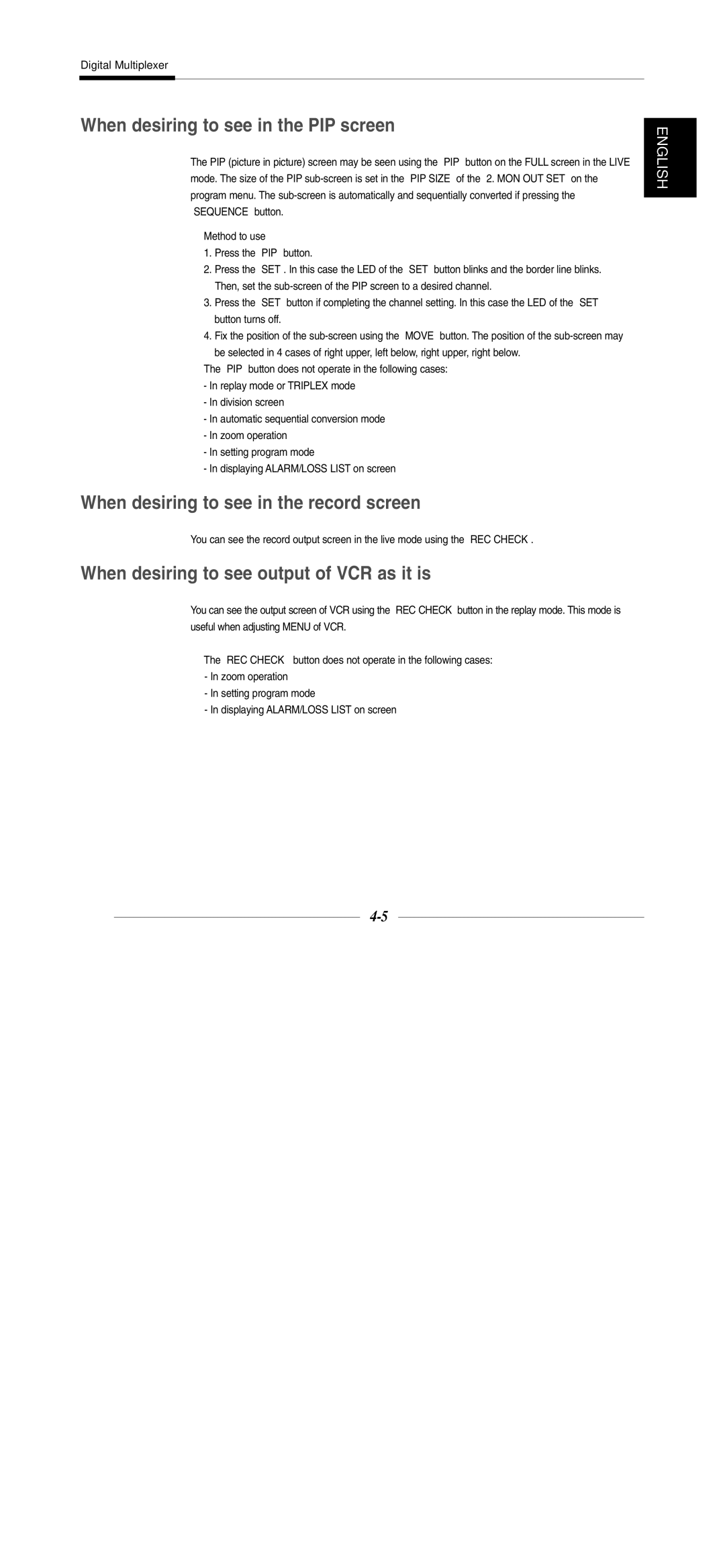 Samsung SDM-090P, SDM-160MP, SDM-160P When desiring to see in the PIP screen, When desiring to see in the record screen 