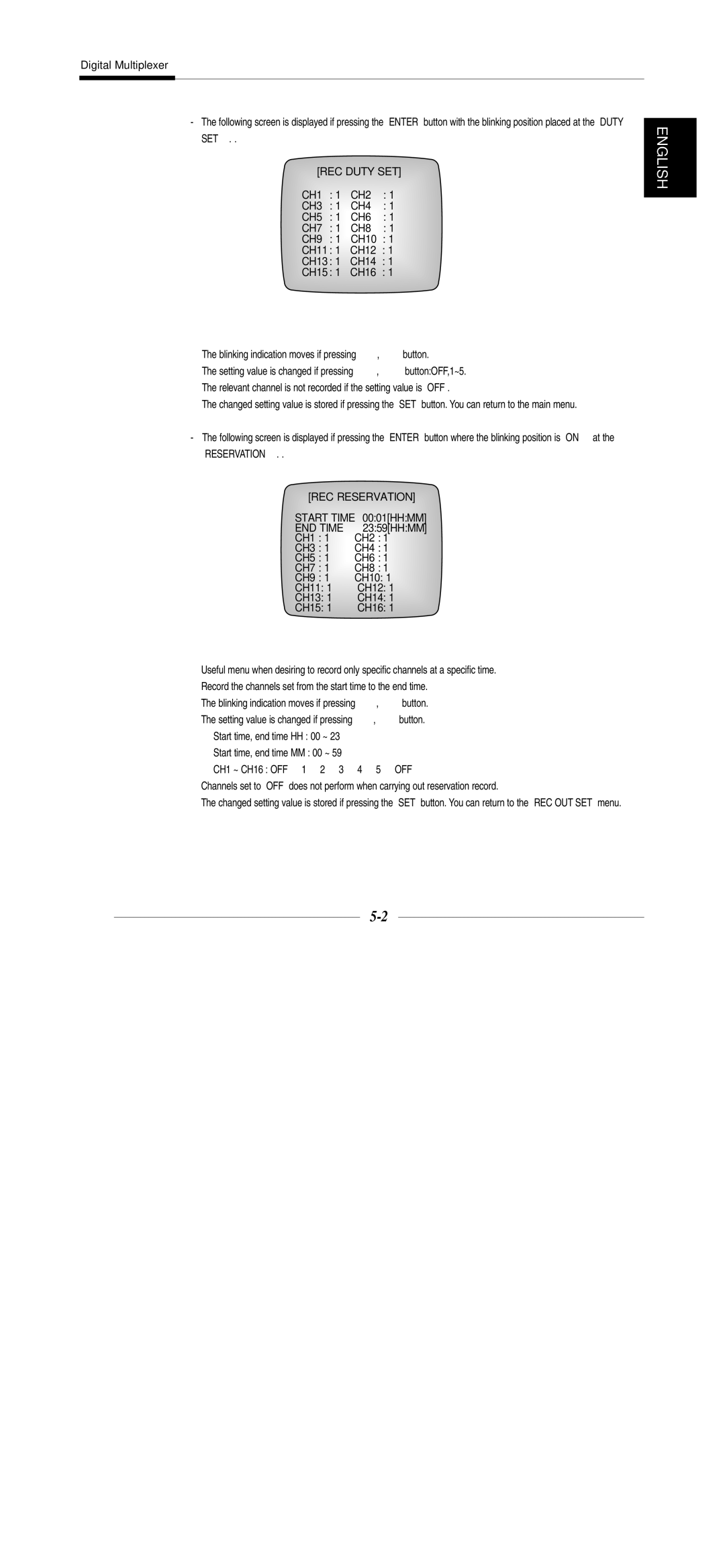 Samsung SDM-160P, SDM-160MP manual REC Duty SET CH1 CH2 CH3 CH4 CH5 CH6 CH7 CH8 CH9, REC Reservation Start Time, END Time 