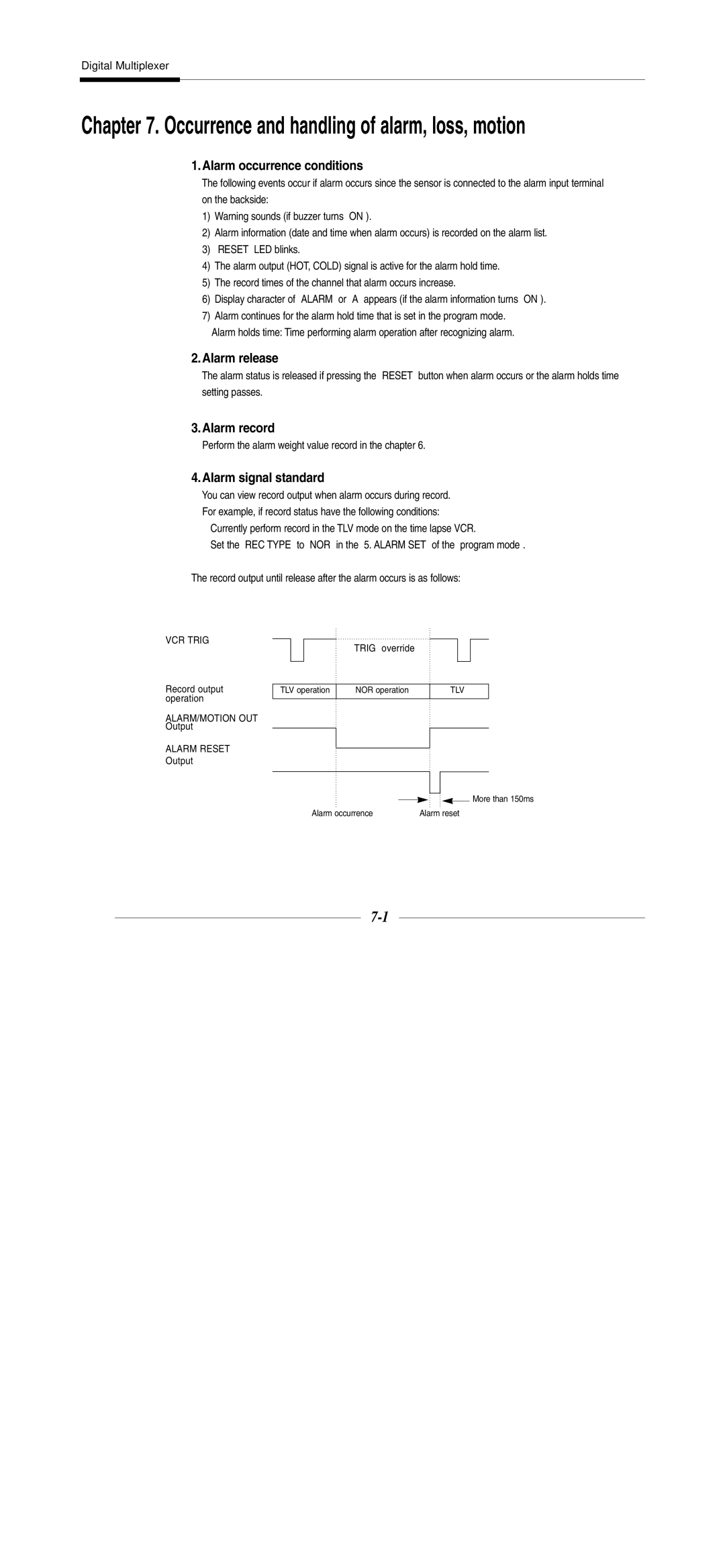 Samsung SDM-160MP, SDM-160P, SDM-090P manual Alarm occurrence conditions, Alarm release, Alarm record, Alarm signal standard 