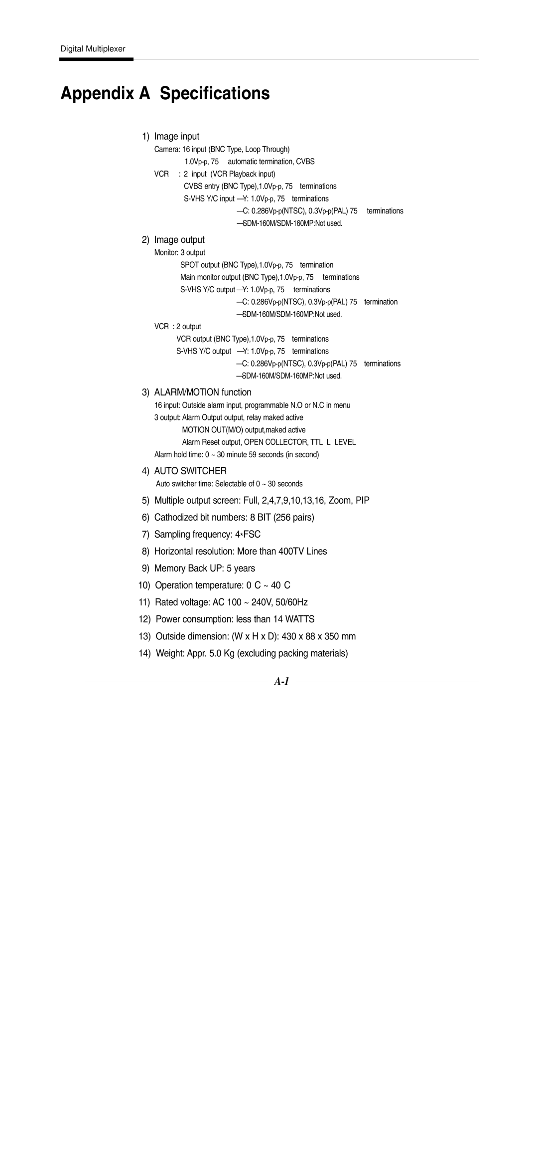 Samsung SDM-090P, SDM-160MP, SDM-160P manual Appendix a Specifications, Image input 