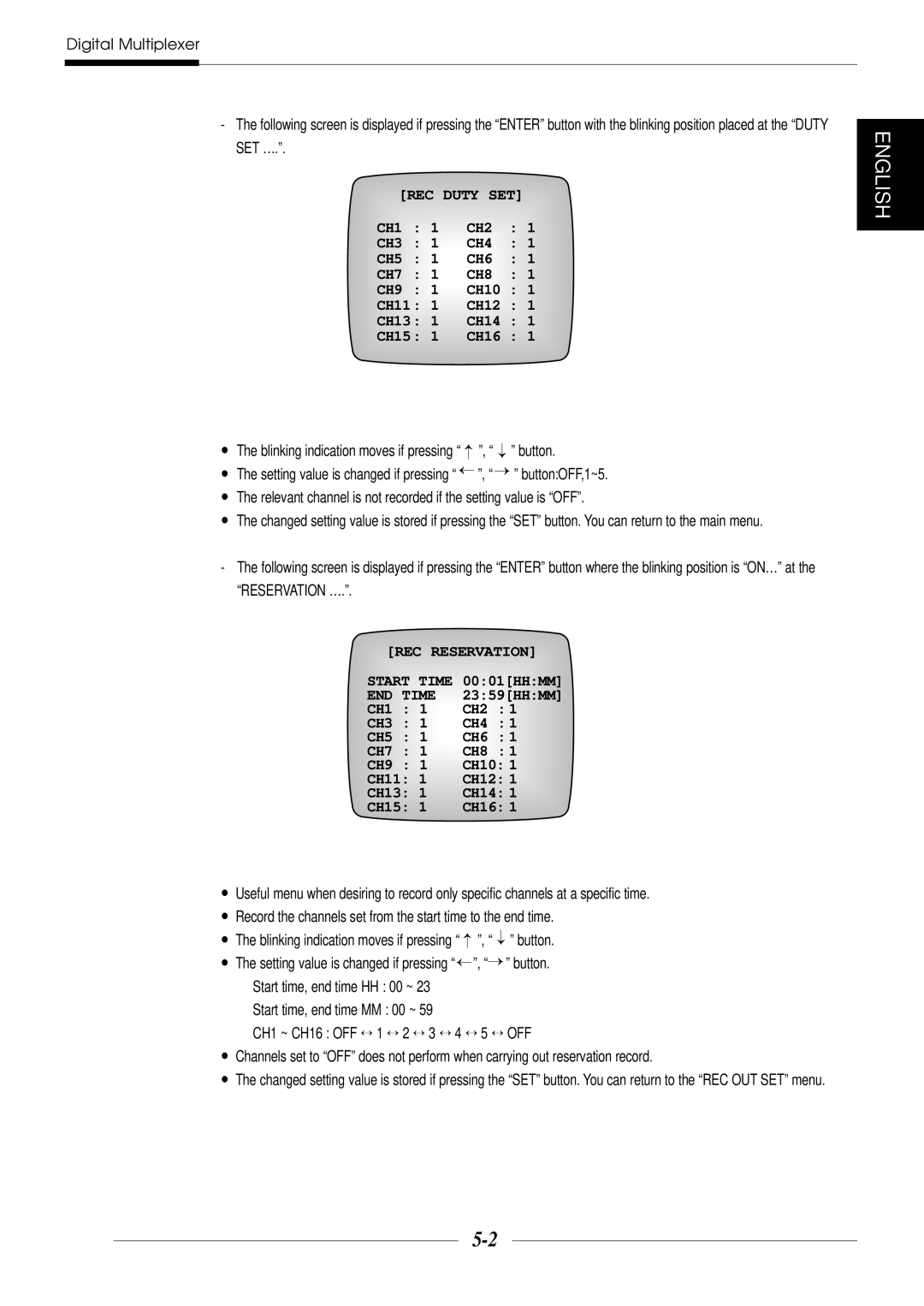 Samsung SDM-160N manual REC Duty SET CH1 CH2 CH3 CH4 CH5 CH6 CH7 CH8 CH9, REC Reservation Start Time, END Time 