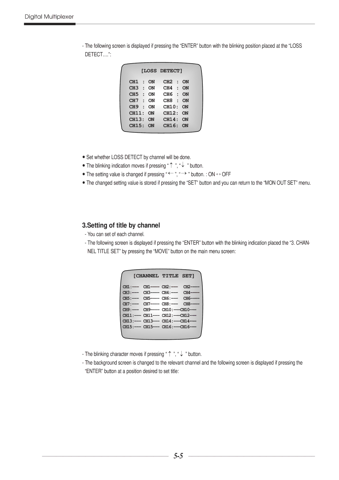 Samsung SDM-160N Setting of title by channel, You can set of each channel, Enter button at a position desired to set title 