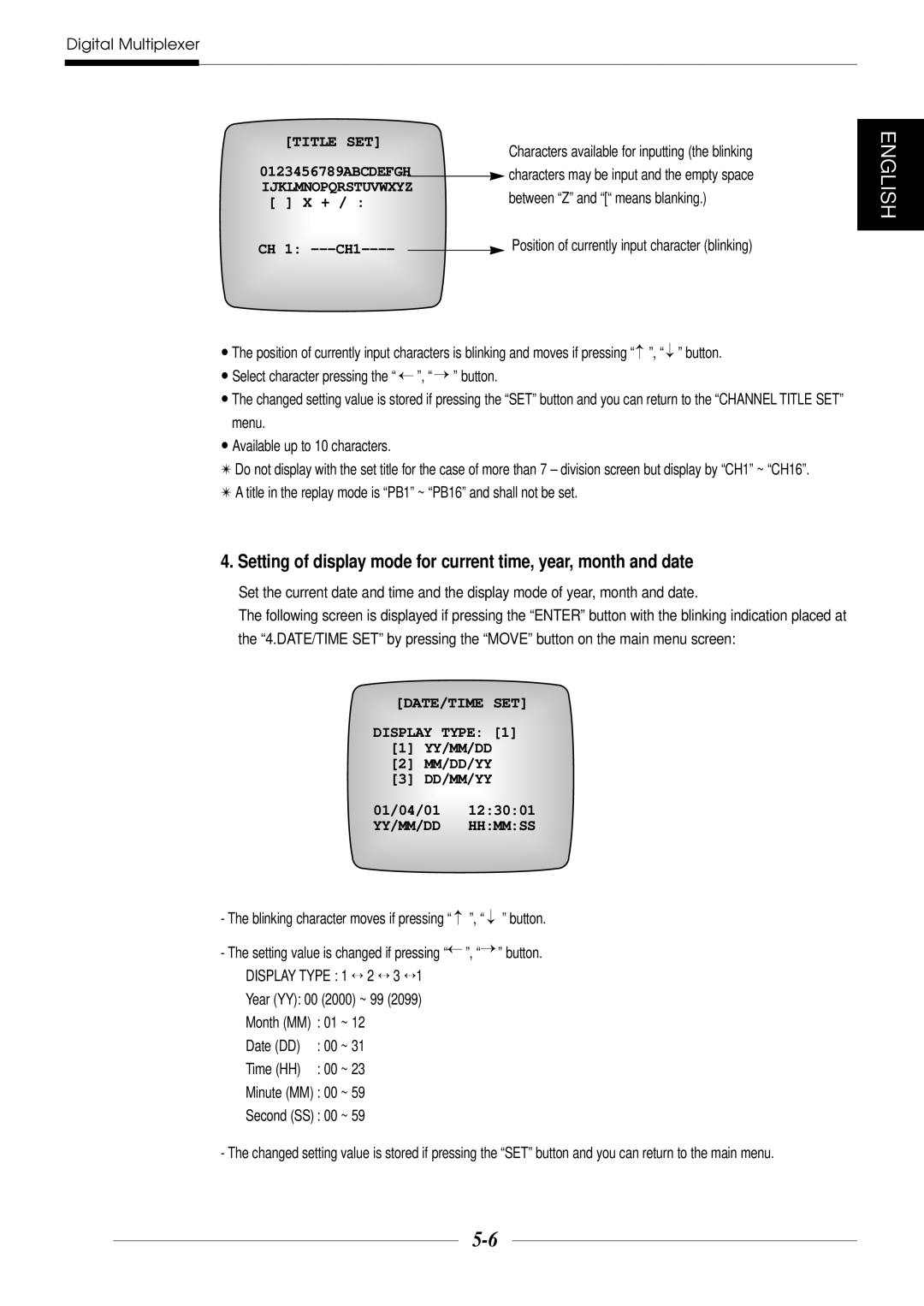 Samsung SDM-160N manual Title SET, Ijklmnopqrstuvwxyz, DATE/TIME SET Display Type 