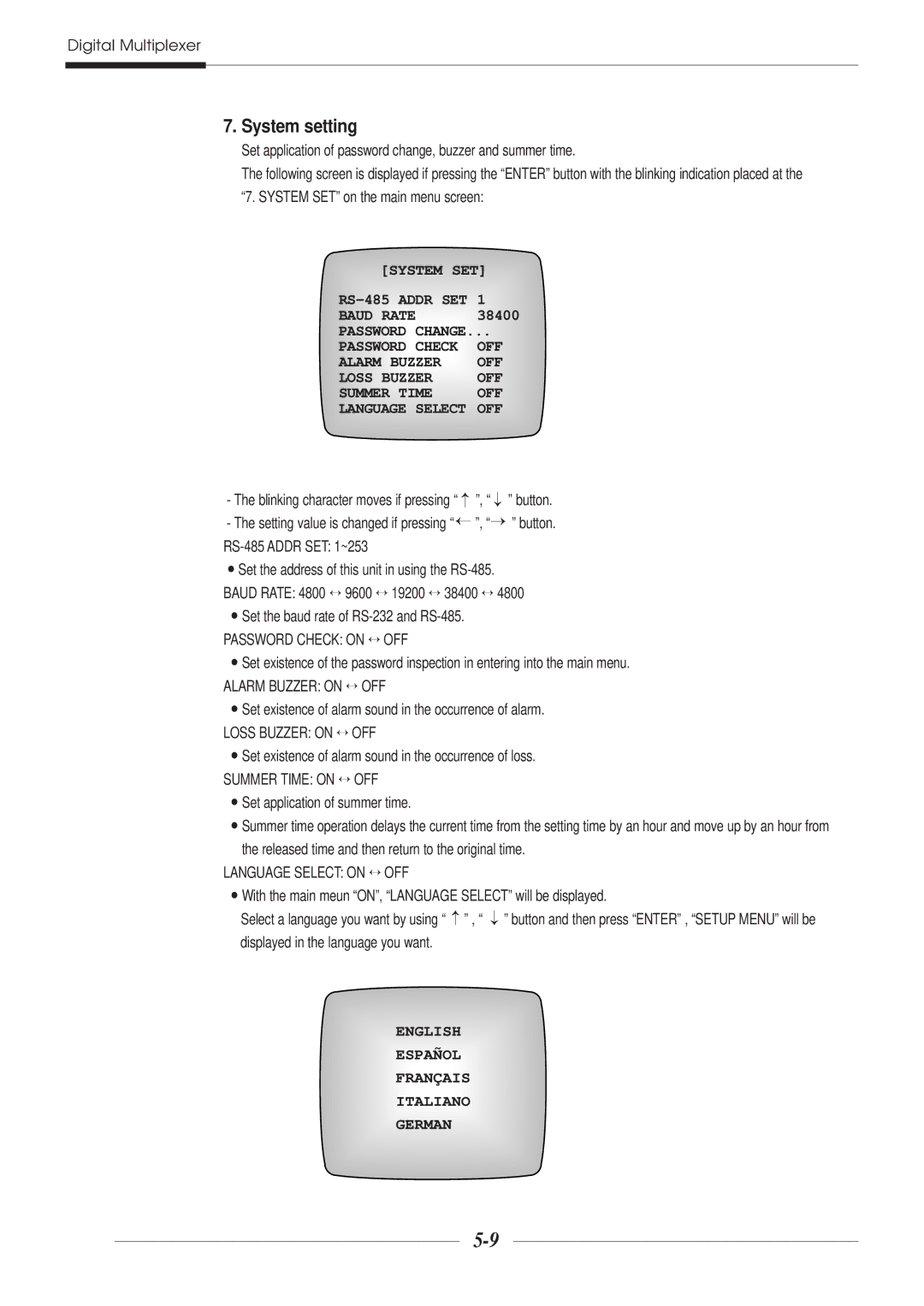 Samsung SDM-160N manual System setting, Baud Rate, Password Change, Password Check OFF Alarm Buzzer Loss Buzzer Summer Time 