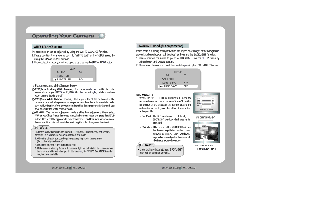 Samsung SDN-550 White Balance control, Please select one of the 3 modes below, Backlight Backlight Compensation, Spotlight 