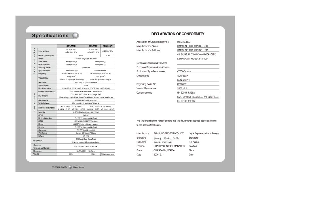 Samsung user manual Specifications, SDN-550PH 