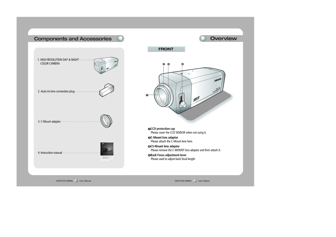 Samsung SDN-550 user manual Overview, CCD protection cap, CS-Mount lens adaptor, Back Focus adjustment lever 