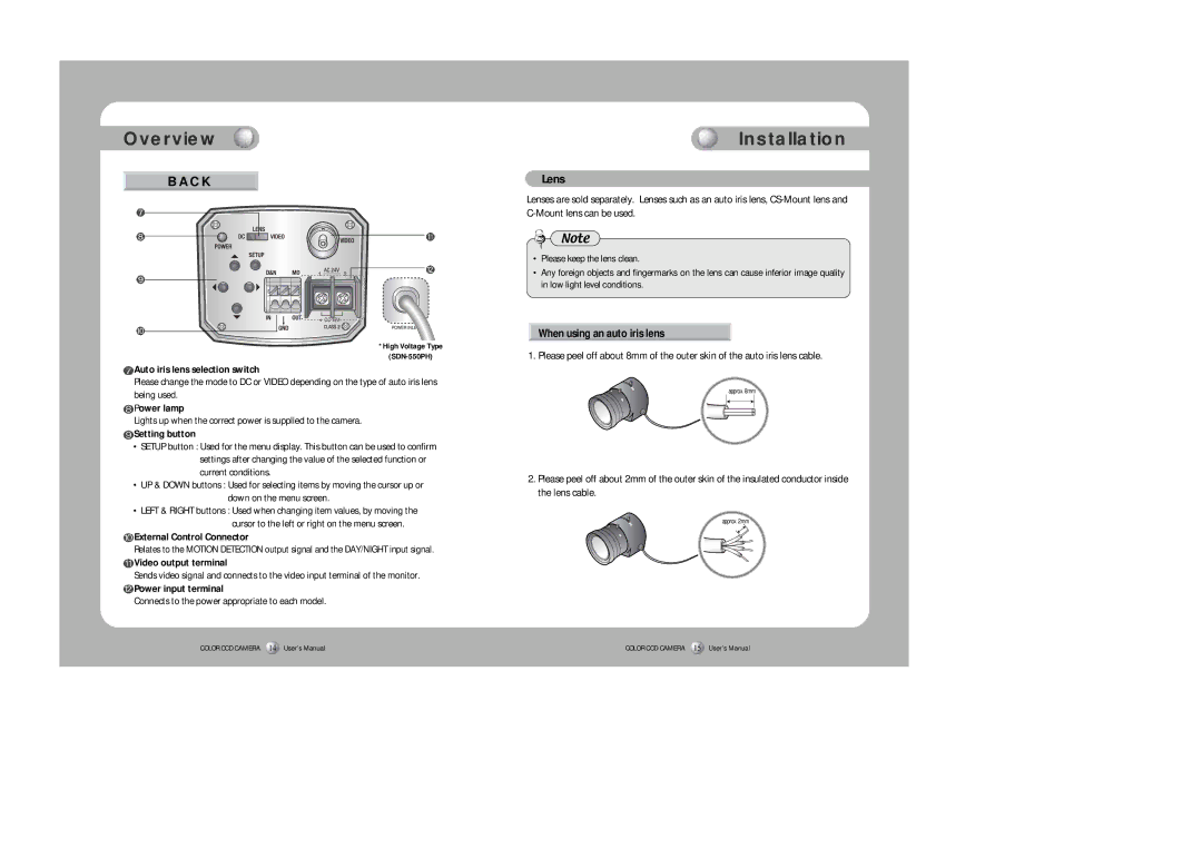 Samsung SDN-550 Installation, Lens, When using an auto iris lens, Connects to the power appropriate to each model 