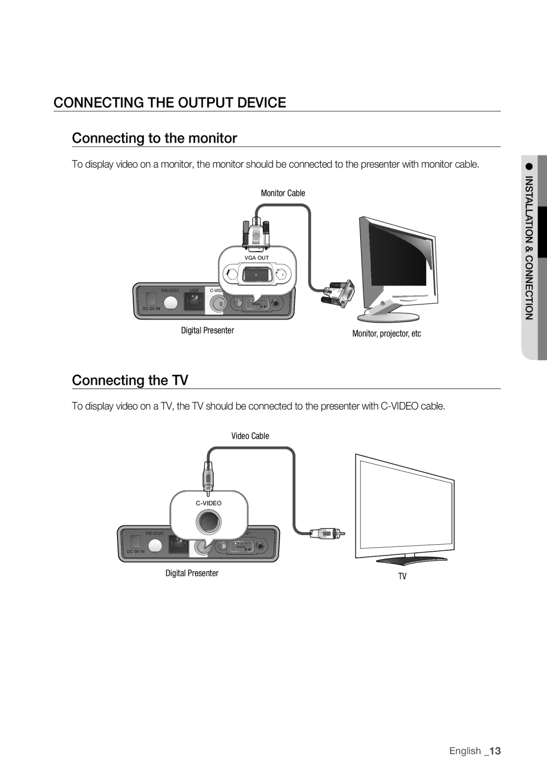 Samsung SDP-760 user manual Connecting the Output device Connecting to the monitor, Connecting the TV 