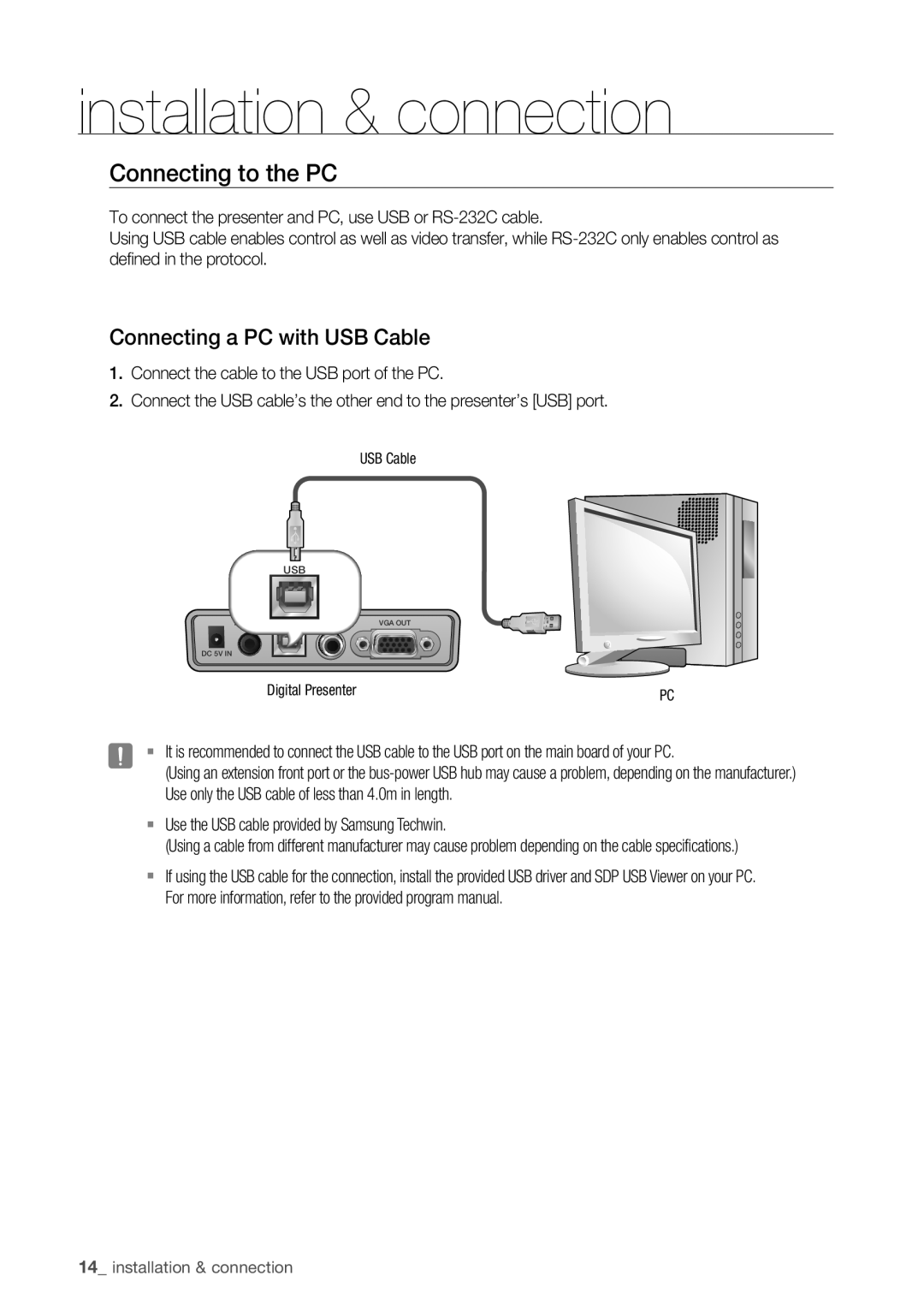 Samsung SDP-760 user manual Connecting to the PC, Connecting a PC with USB Cable 