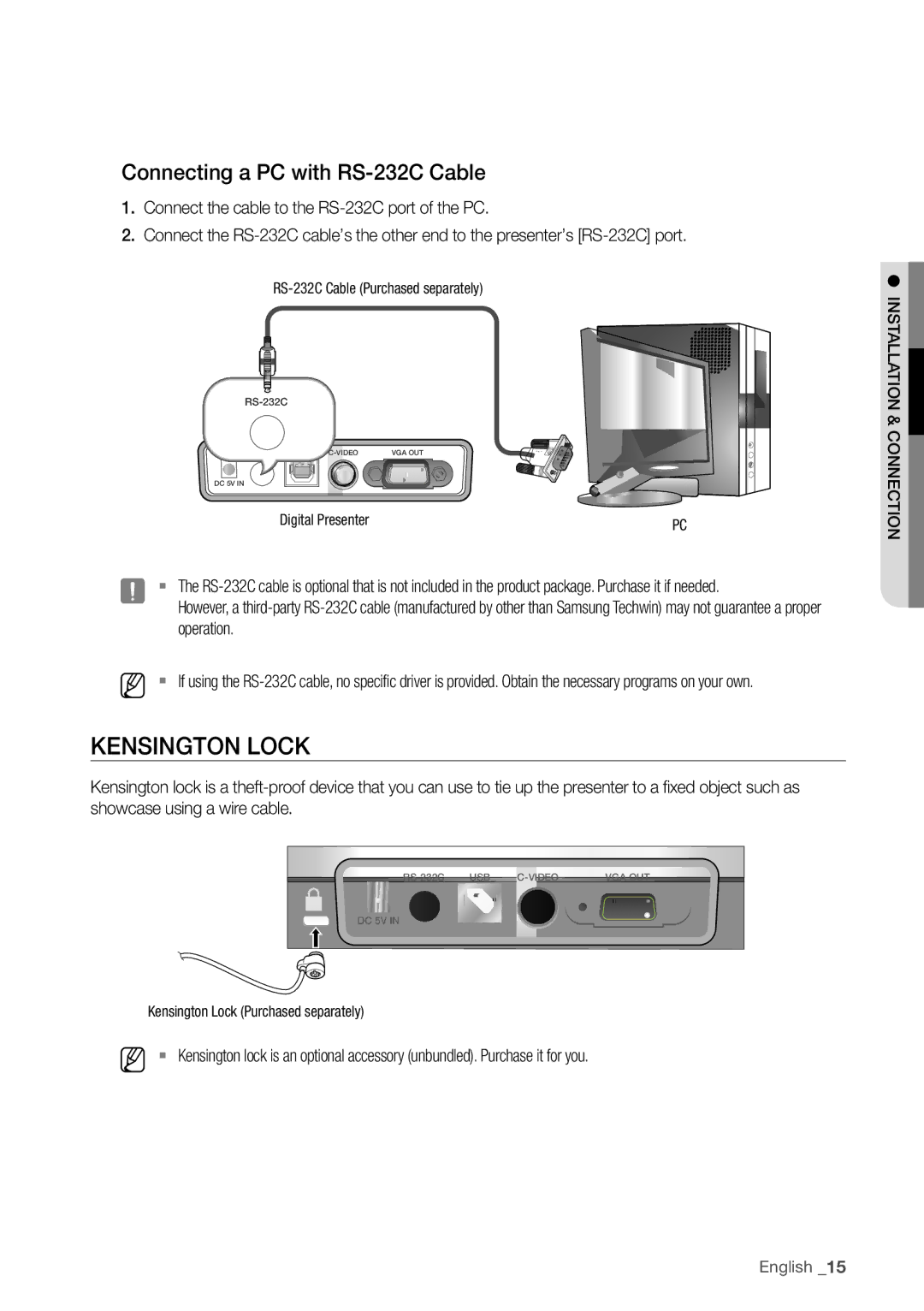 Samsung SDP-760 user manual Kensington Lock, Connecting a PC with RS-232C Cable 