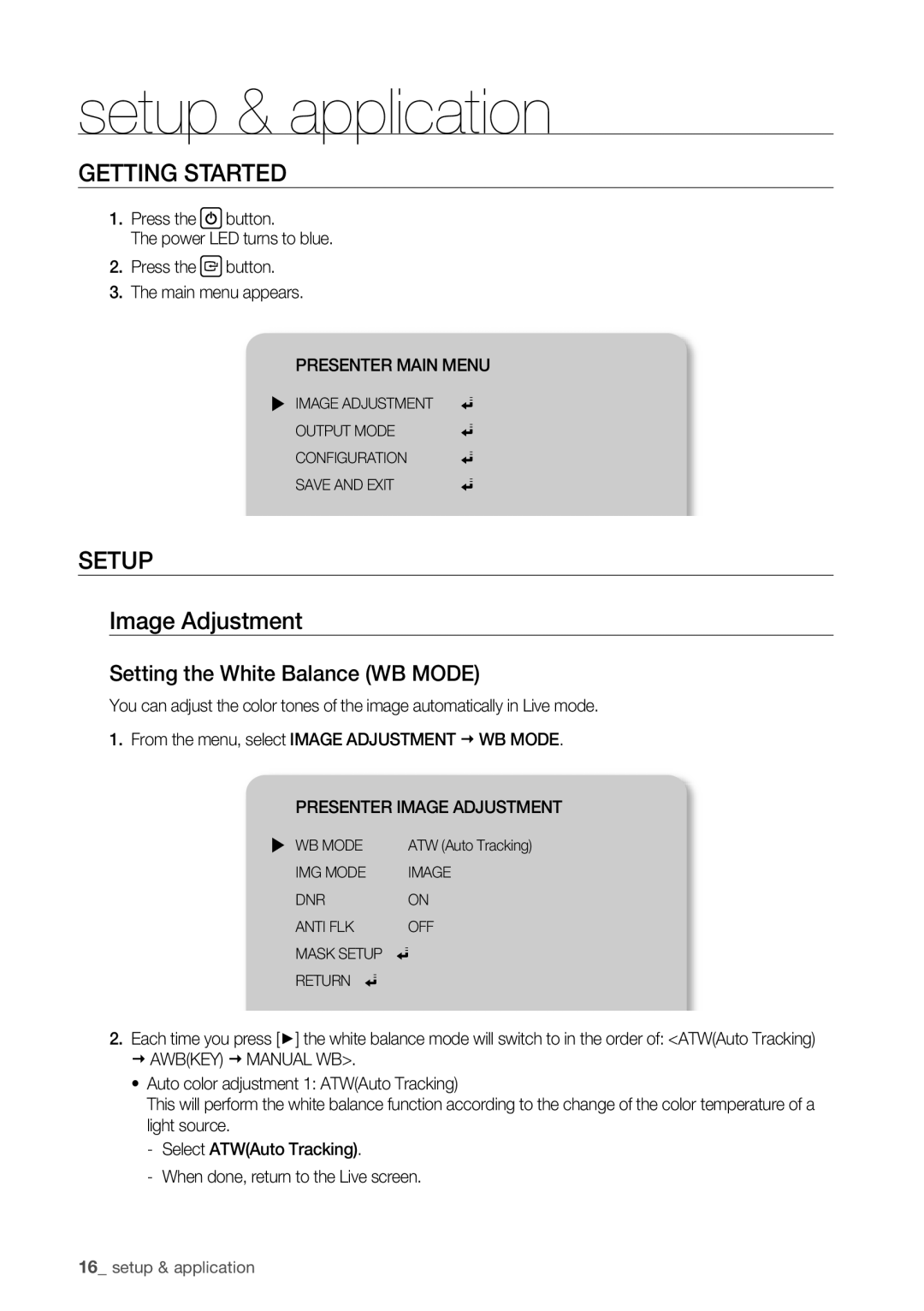 Samsung SDP-760 user manual Getting Started, Setup Image Adjustment, Setting the White Balance WB Mode, Presenter Main Menu 