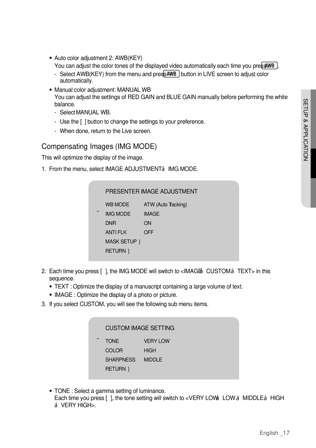 Samsung SDP-760 user manual Compensating Images IMG Mode, Auto color adjustment 2 Awbkey, Custom Image Setting 