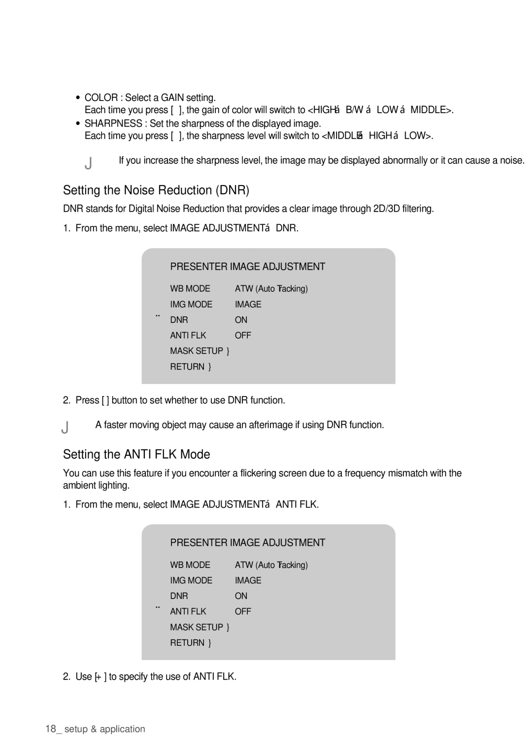 Samsung SDP-760 Setting the Noise Reduction DNR, Setting the Anti FLK Mode, Use + to specify the use of Anti FLK 