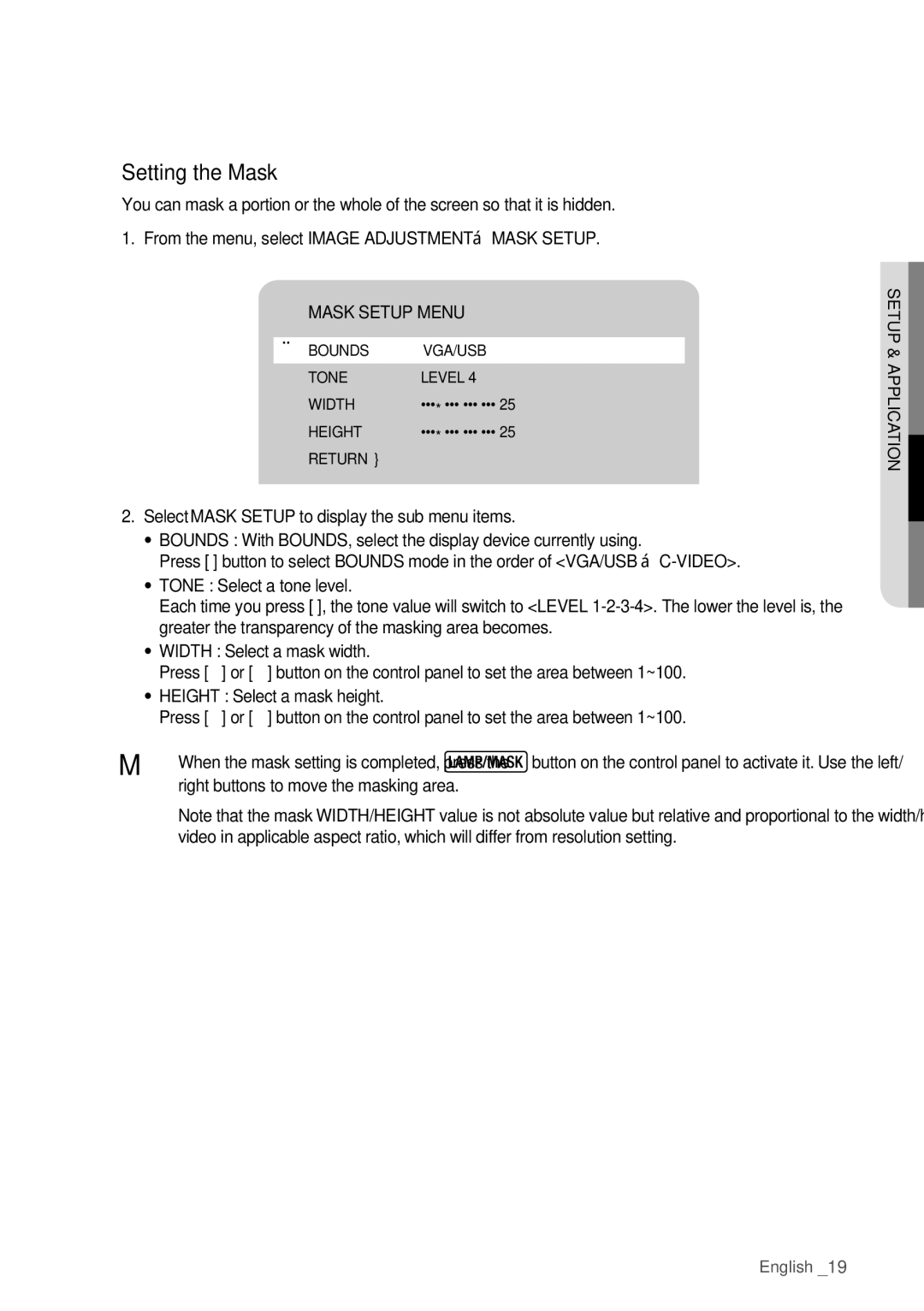 Samsung SDP-760 user manual Setting the Mask, Mask Setup Menu 