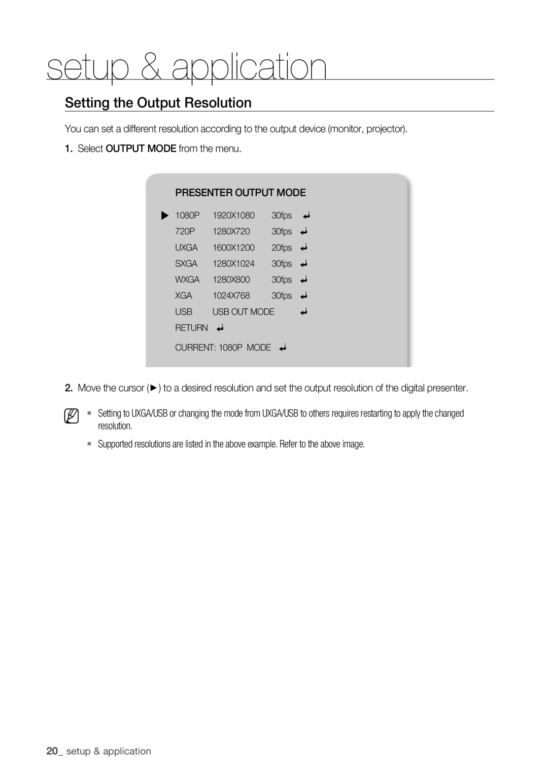 Samsung SDP-760 user manual Setting the Output Resolution, Presenter Output Mode 