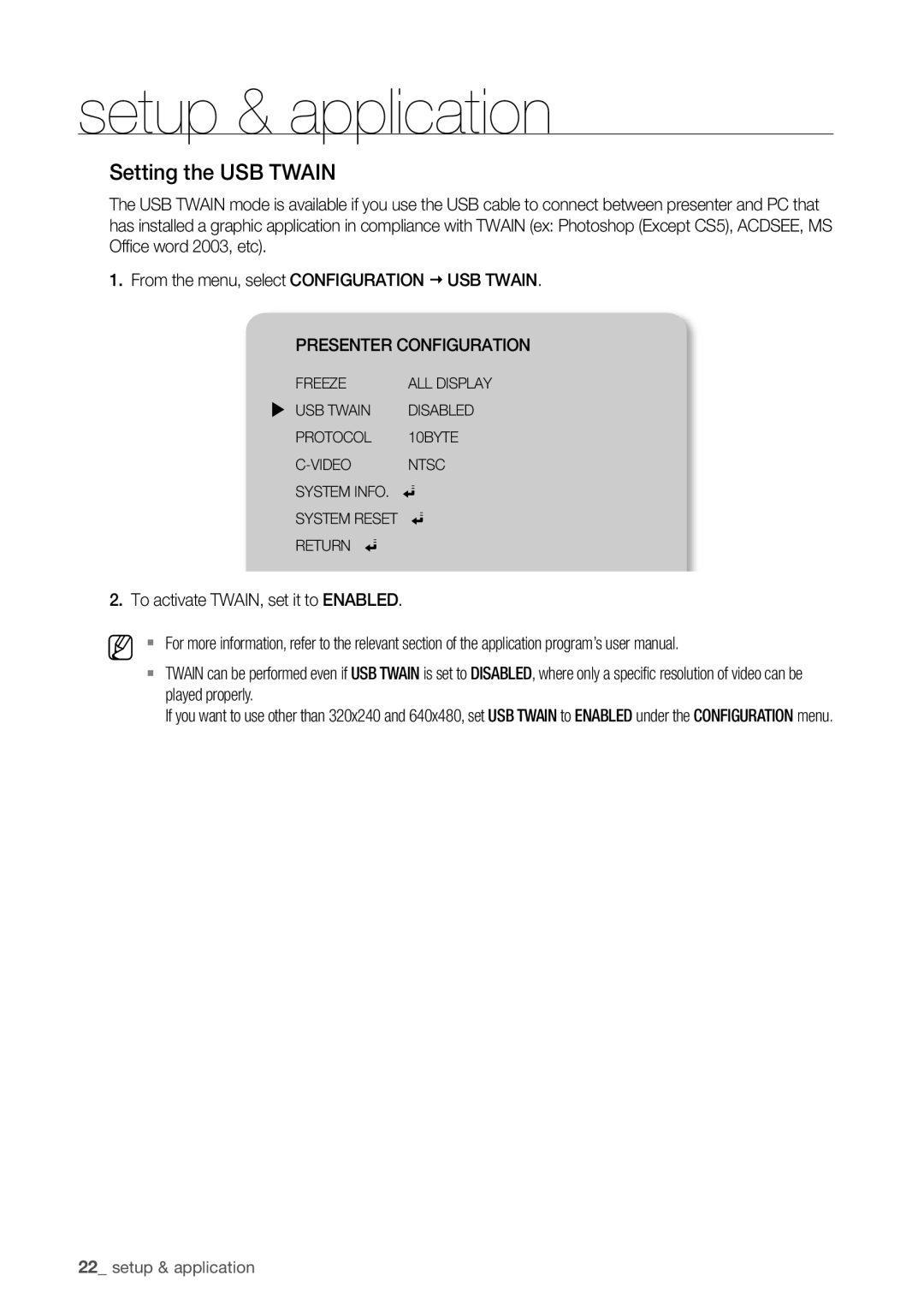 Samsung SDP-760 user manual Setting the USB Twain 