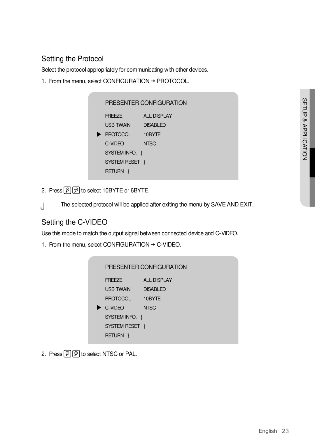 Samsung SDP-760 user manual Setting the Protocol, Setting the C-VIDEO, Press 