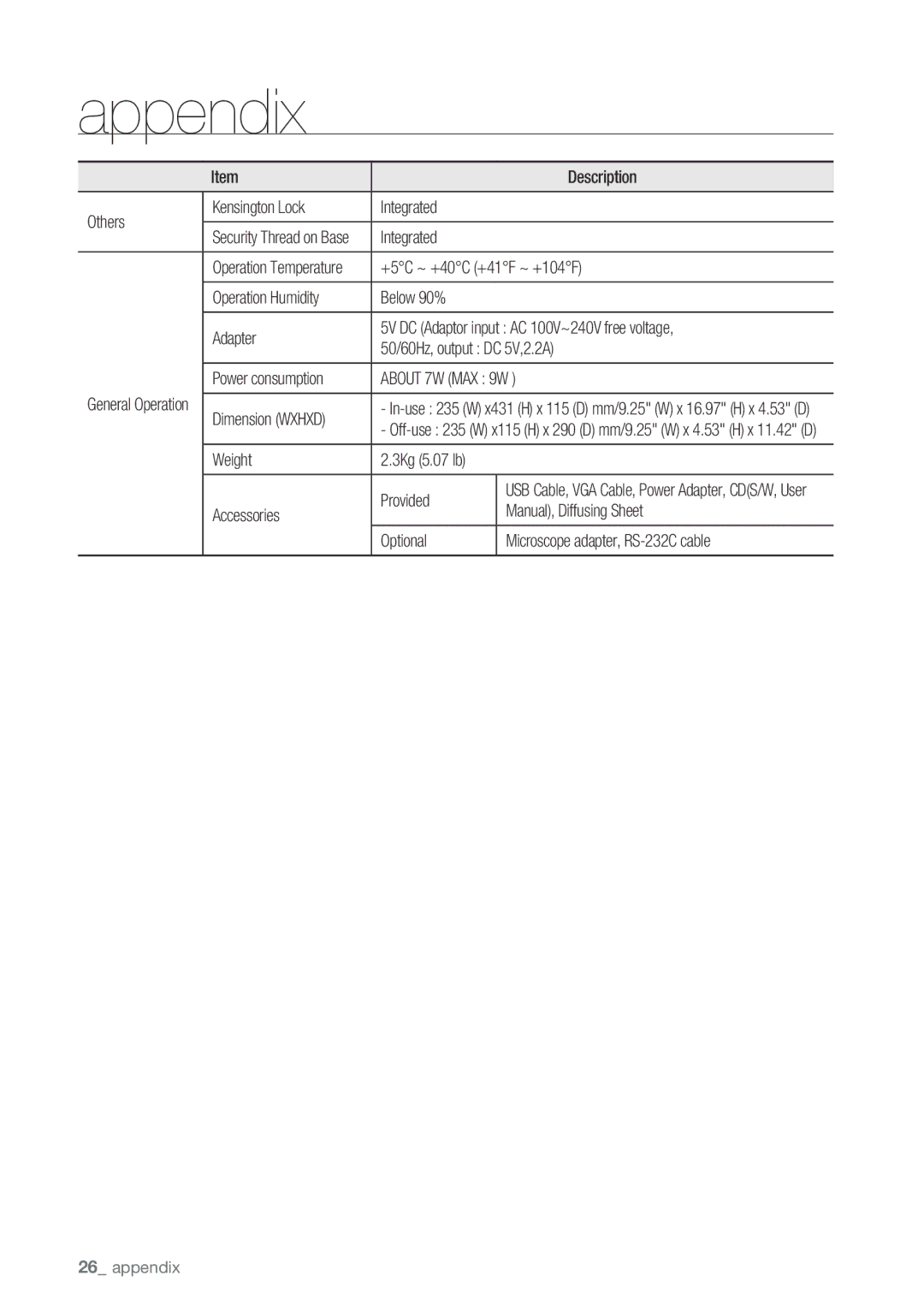 Samsung SDP-760 Others Kensington Lock Integrated, +5C ~ +40C +41F ~ +104F, Power consumption About 7W MAX 9W, Weight 