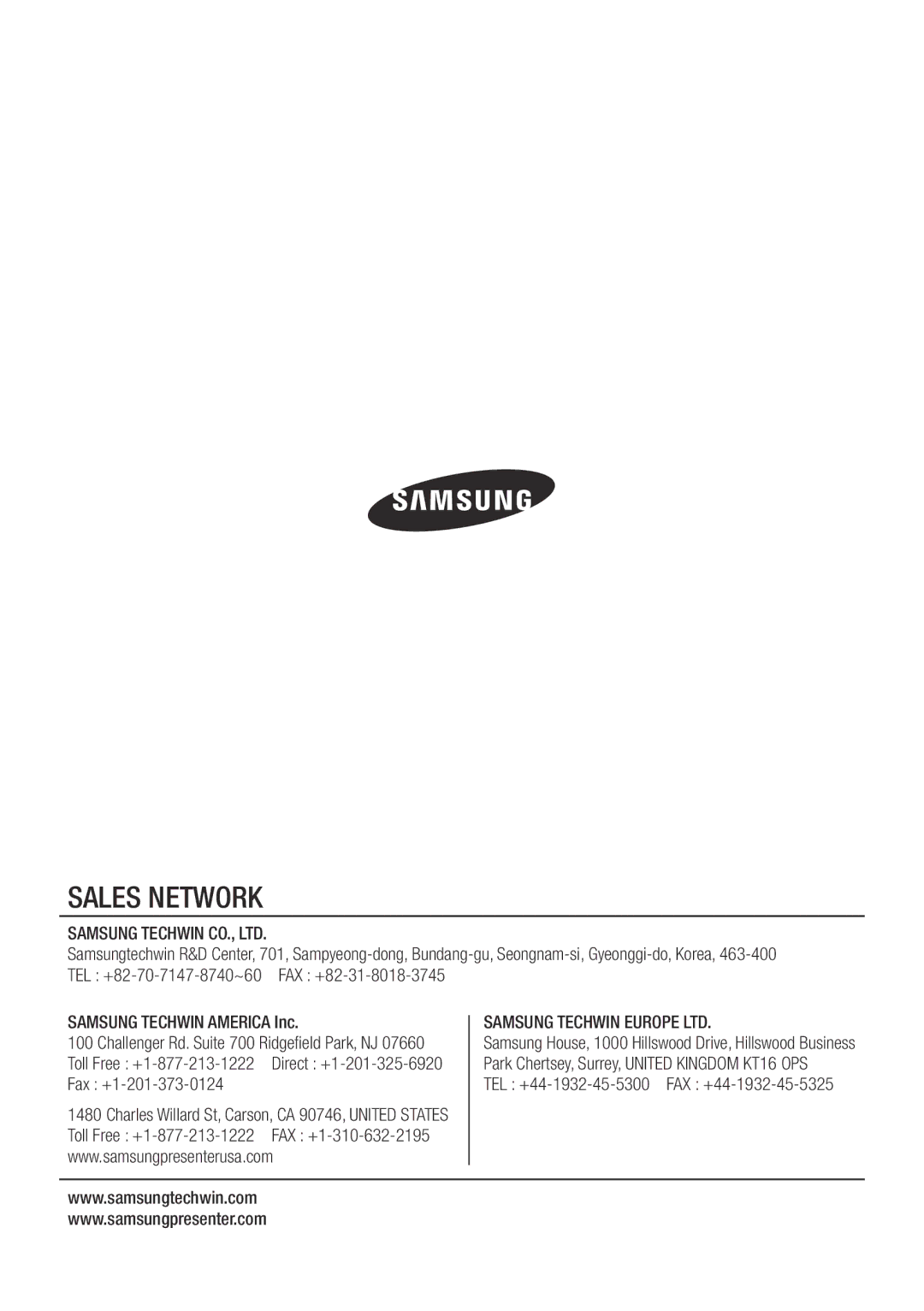 Samsung SDP-760 user manual Samsung Techwin America Inc, Fax +1-201-373-0124, FAX +1-310-632-2195 