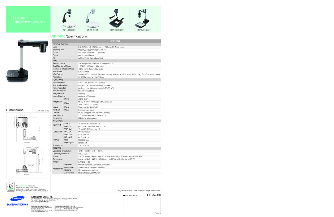 Samsung SDP-860 dimensions Dimensions 