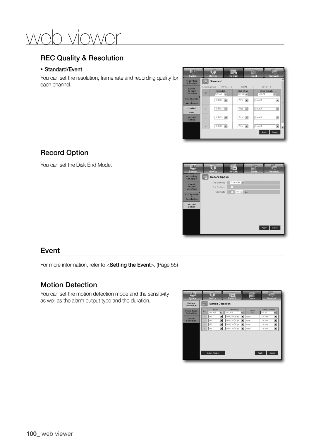 Samsung SDR3100 user manual Event, Rec Quality & resolution, Record option, Motion detection 