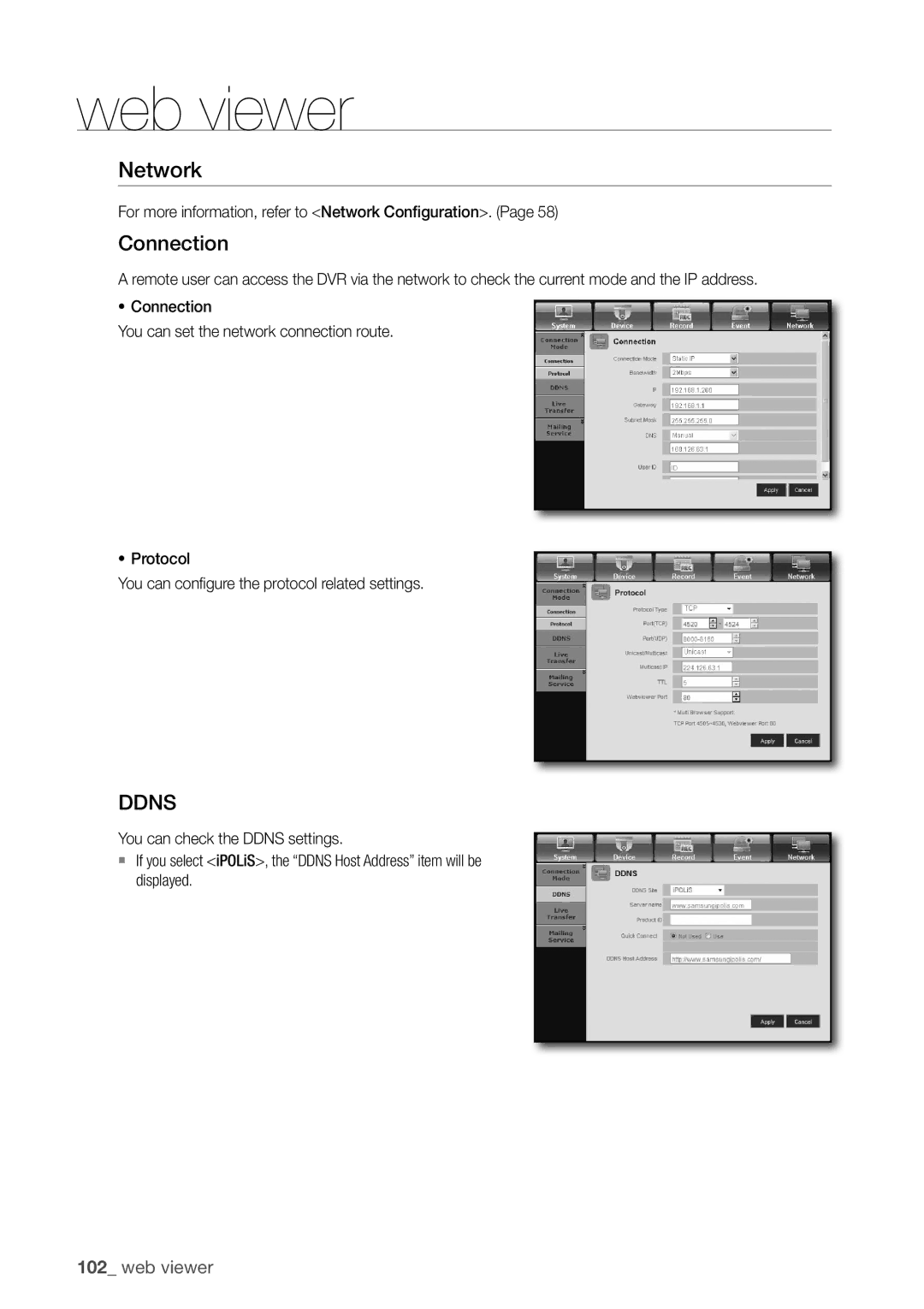 Samsung SDR3100 user manual Network, Connection, DdnS, For more information, refer to network configuration 