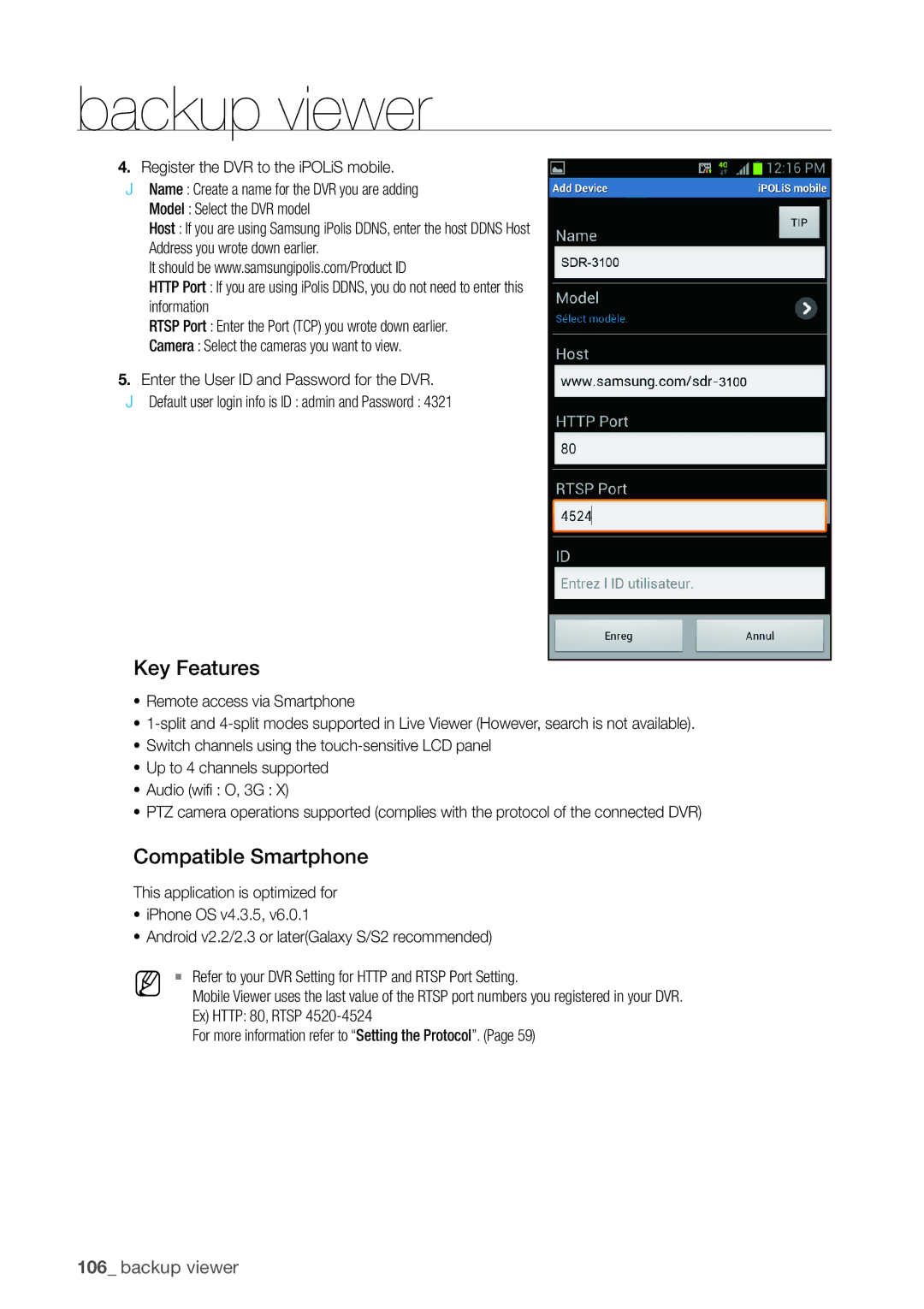 Samsung SDR3100 user manual Key Features, Compatible Smartphone 